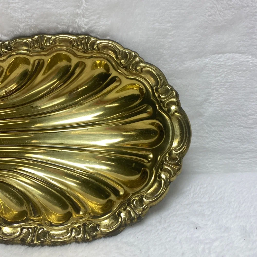 Vintage‎ Gold Tone Ornate Metal Trinket Dish Jewelry Serving Tray Vanity Decor
